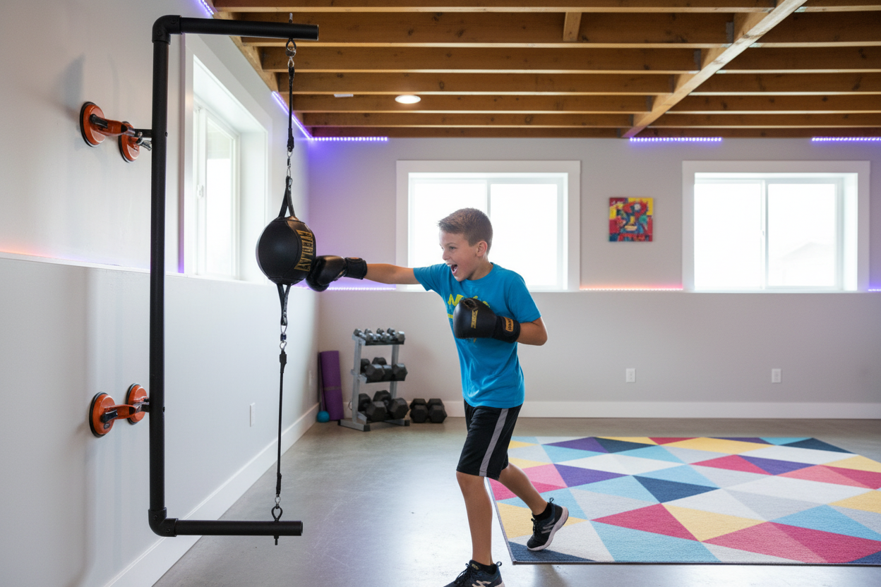 Kid punching the ThunderBox wall-mounted boxing system at home