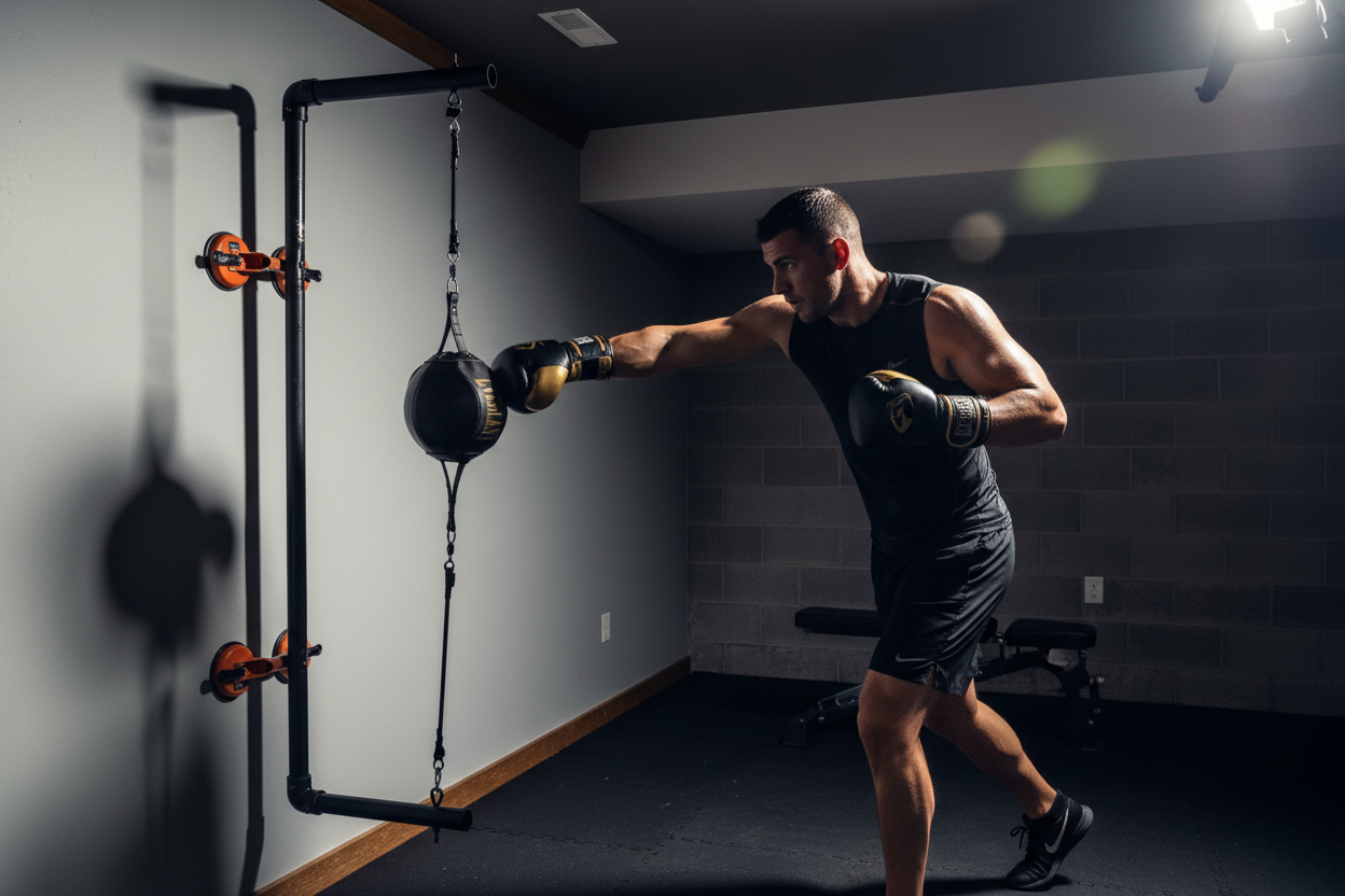 Man punching the ThunderBox wall-mounted boxing system at home